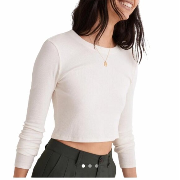 Madewell Fine‎ Ribbed Supercrop Crewneck Ivory Long-Sleeve Tee Size Medium - Picture 1 of 10